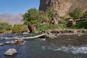 A scenic view of Jizev village in the Pamir Mountains, showcasing a local carrying a large woven basket across a wooden bridge over a clear mountain stream, surrounded by lush greenery and rugged peaks