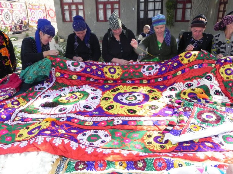 Elderly Tajik women doing chakan embroidery in Tajikistan, Central Asia