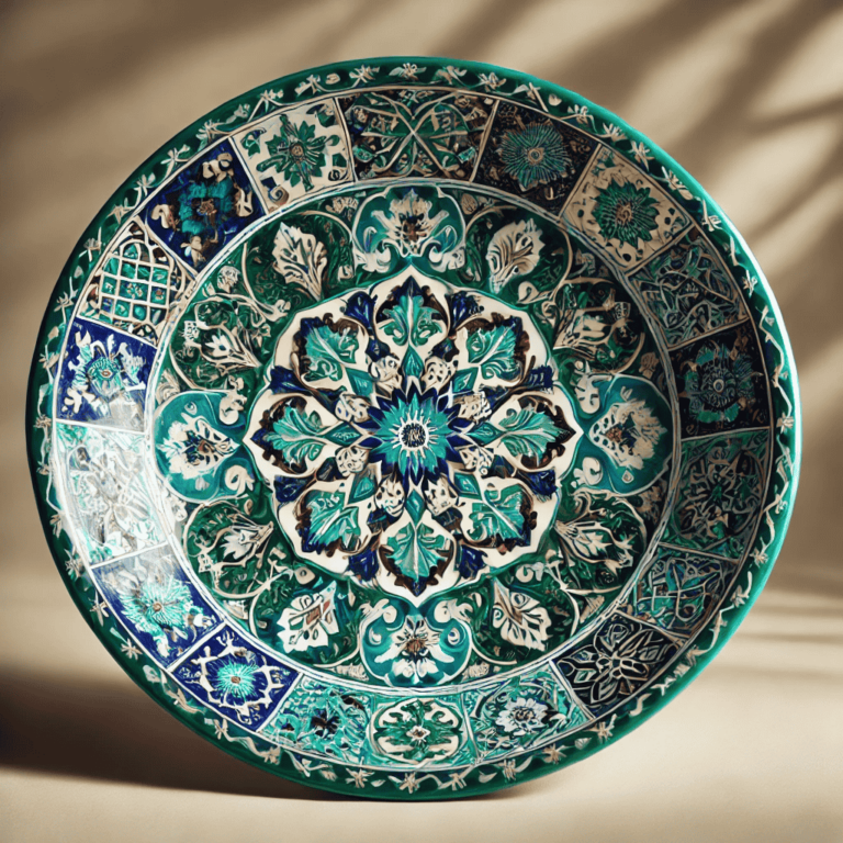 A vibrant Rishtan ceramic plate with intricate blue, green, and white floral patterns, reflecting traditional Uzbek craftsmanship. The plate has a glossy finish and is set against a neutral background.